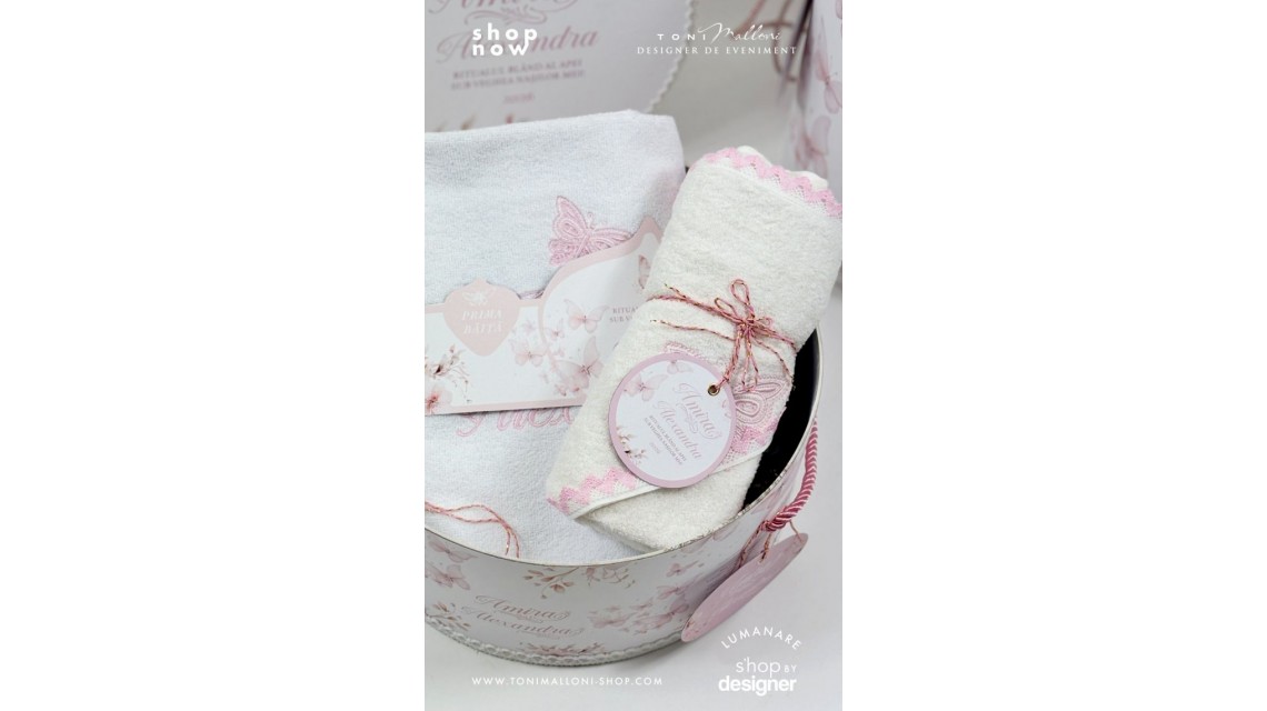 Set prima băiță cu nasii dupa botez cu fluturi roz Pink Butterfly Ritualul blând al apei pentru fetițe 9